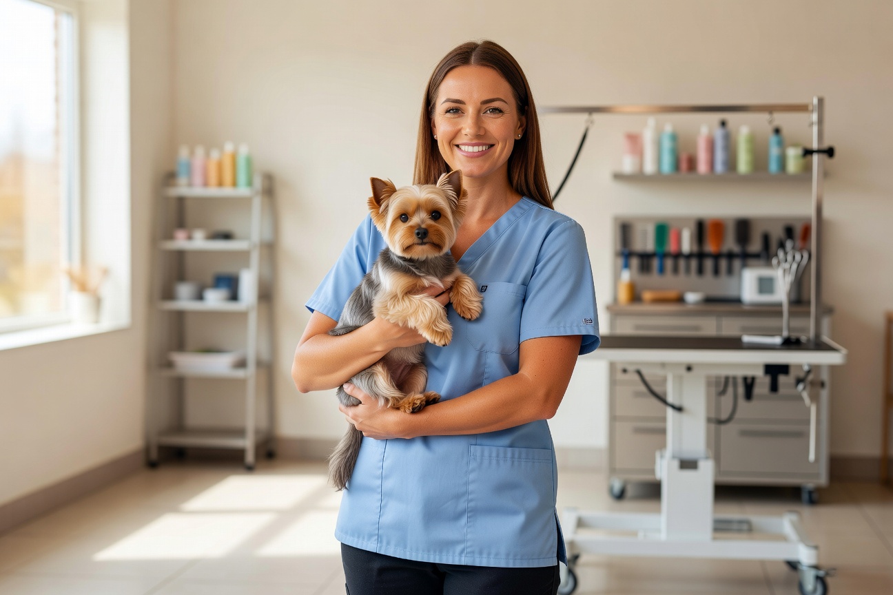 Emma Carter - Senior Groomer smiling holding a small dog