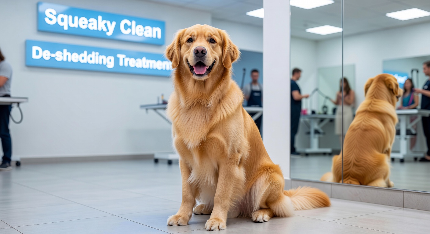 Golden Retriever smiling beautifully after deshedding treatment