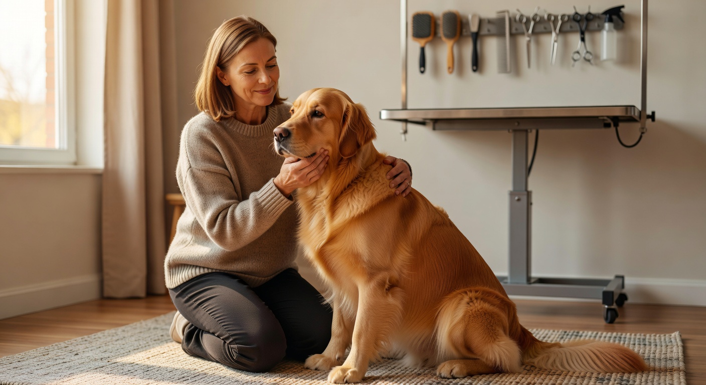 Owner calming dog before grooming, blog post image