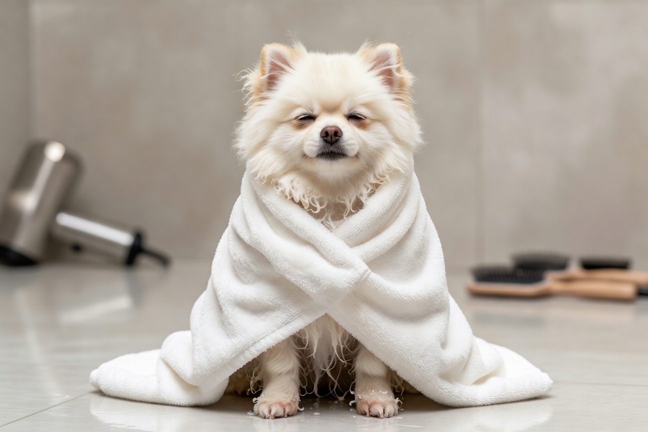 Small dog after a bath wrapped in a towel