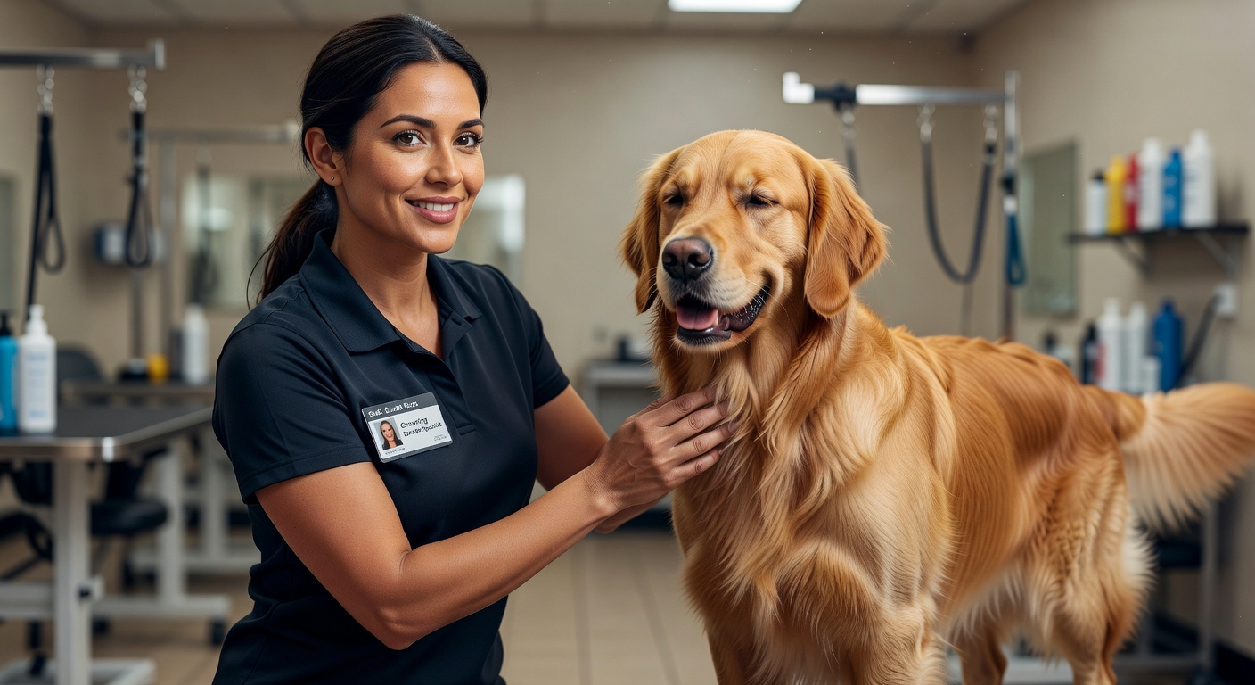Sophia Lane - Grooming Specialist petting a golden retriever